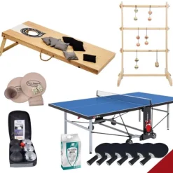 Havespil PREMIUM - Bordtennis, cornhole PRO, stigegolf, petanque og raflesæt